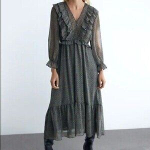 ZARA Women's Ruffle Metallic Printed Midi Dress Size S
